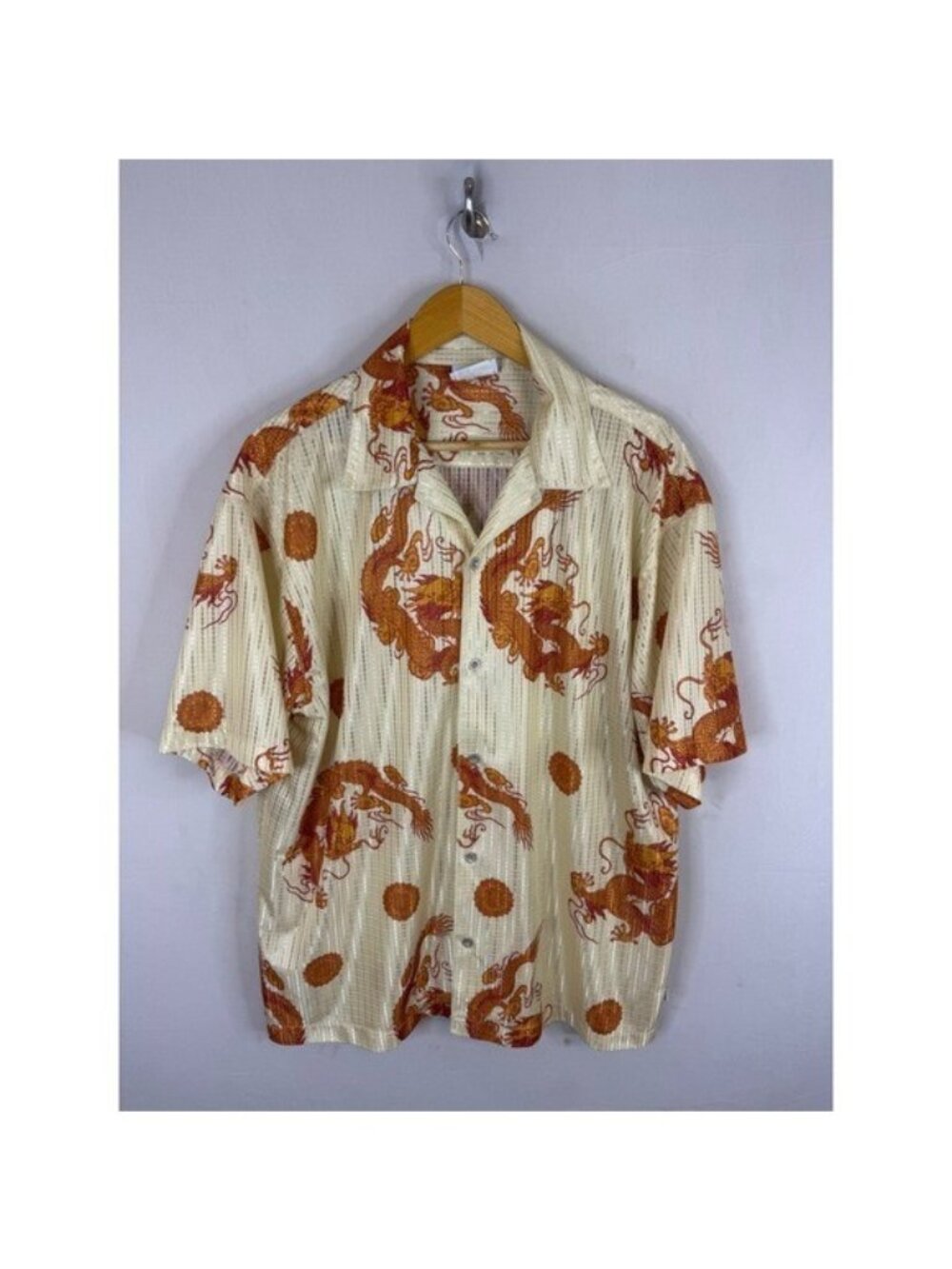 Third Rail Daddy-O Mens Dragon Print Button Up Shirt Cream Orange Large T101 PDG